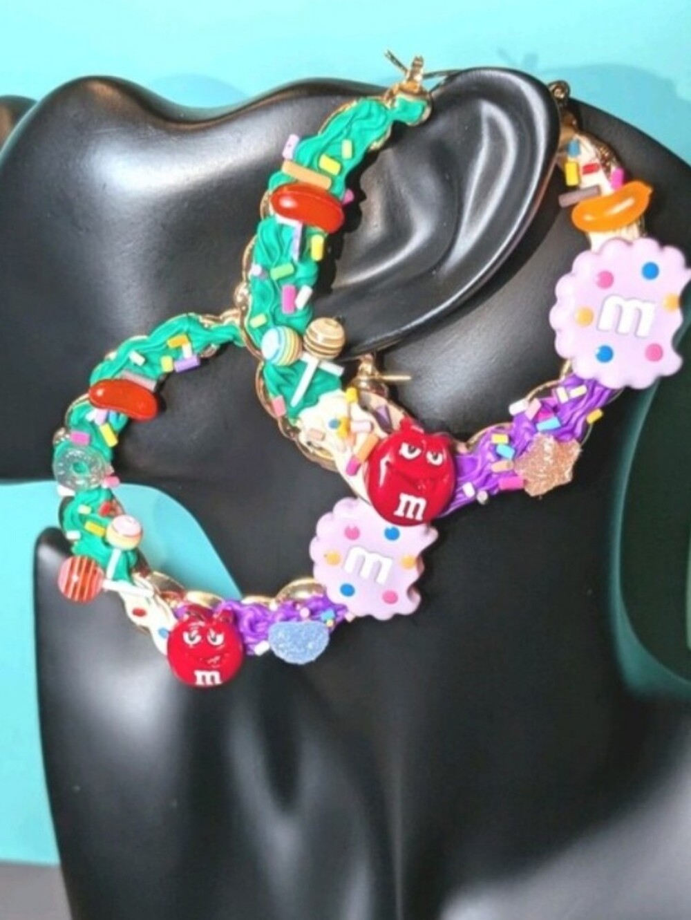 Hand CRAFTED Candy Charm Hoop Earrings in Green, Purple & Pink